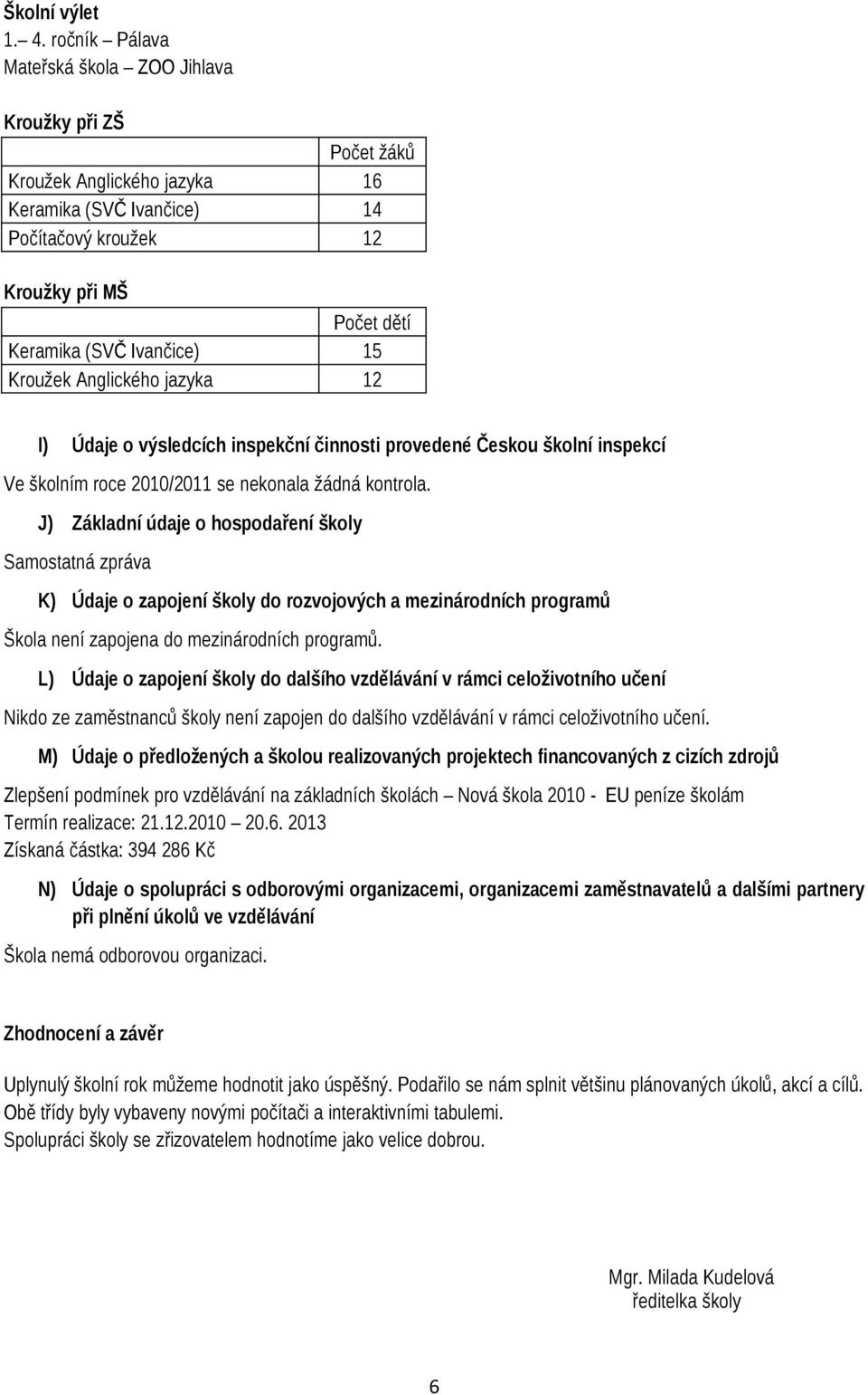 Anglického jazyka 12 I) Údaje o výsledcích inspekční činnosti provedené Českou školní inspekcí Ve školním roce 2010/2011 se nekonala žádná kontrola.