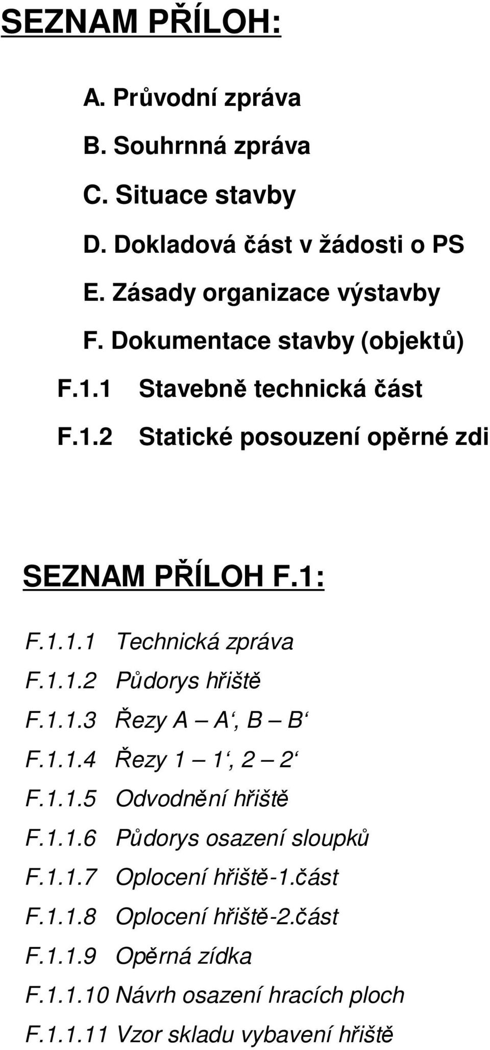 1.1.2 Půdorys hřiště F.1.1.3 Řezy A A, B B F.1.1.4 Řezy 1 1, 2 2 F.1.1.5 Odvodnění hřiště F.1.1.6 Půdorys osazení sloupků F.1.1.7 Oplocení hřiště-1.