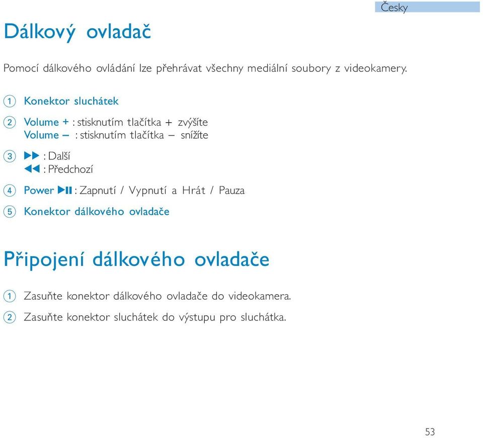 Další 11 : Předchozí 4 Power 2; : Zapnutí / Vypnutí a Hrát / Pauza 5 Konektor dálkového ovladače Připojení