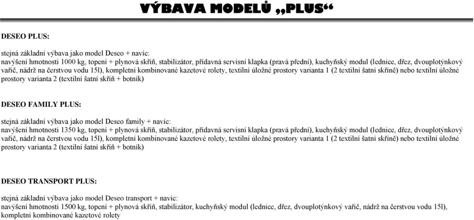 prostory varianta 2 (textilní šatní skříň + botník) DESEO FAMILY PLUS: stejná základní výbava jako model Deseo family + navíc: navýšení hmotnosti 1350 kg, topení + plynová skříň, stabilizátor,