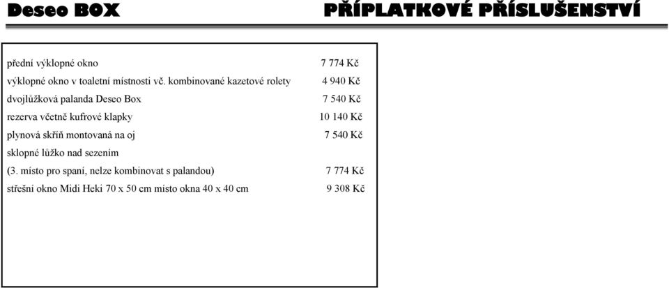 klapky 10 140 Kč plynová skříň montovaná na oj 7 540 Kč sklopné lůžko nad sezením (3.