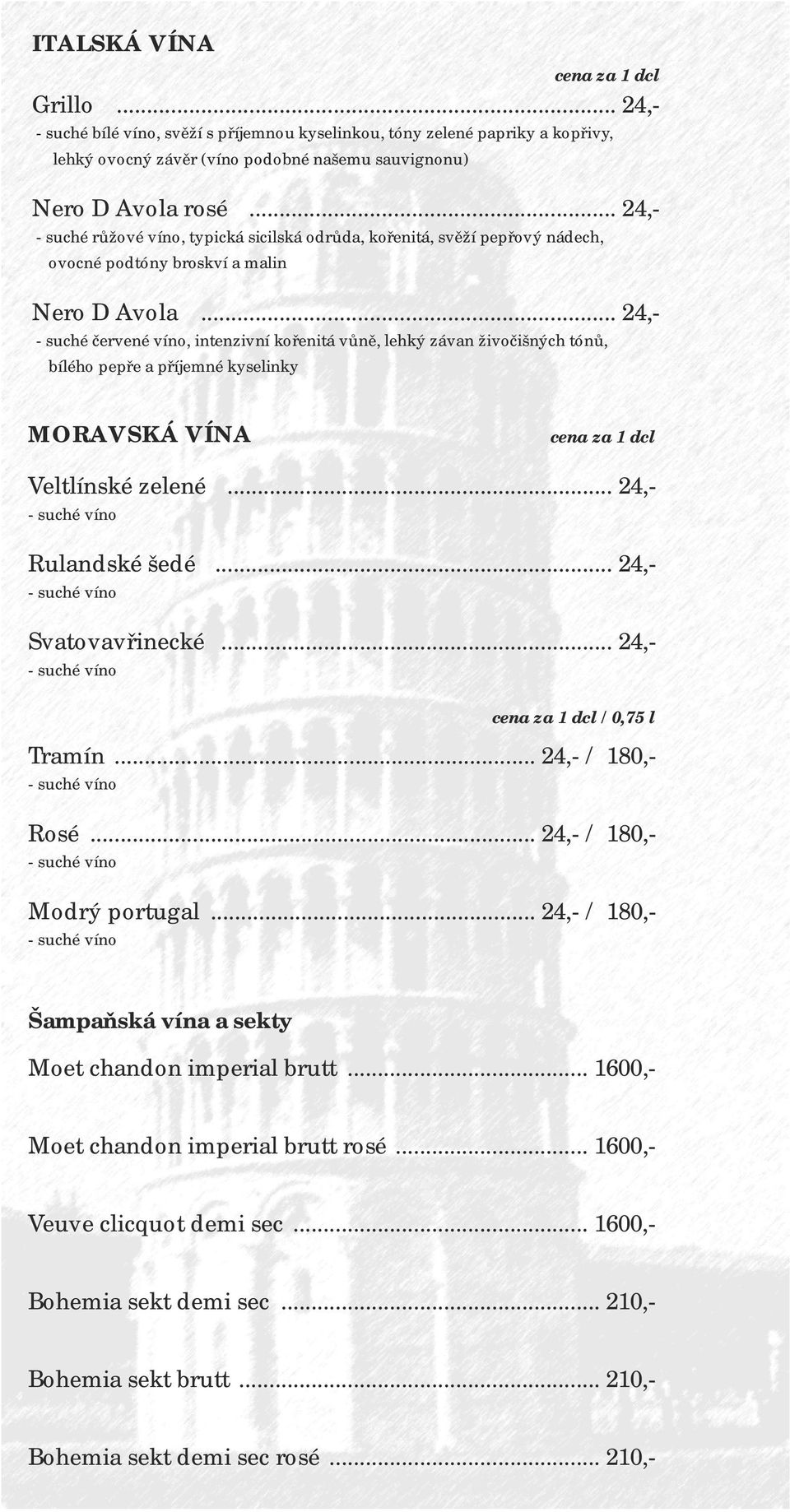 .. 24,- - suché červené víno, intenzivní kořenitá vůně, lehký závan živočišných tónů, bílého pepře a příjemné kyselinky MORAVSKÁ VÍNA cena za 1 dcl Veltlínské zelené - suché víno Rulandské šedé -