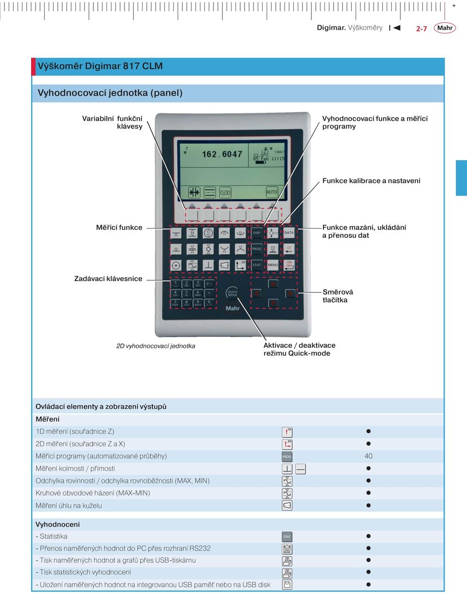 (souřadnice Z a X) Měřící programy (automatizované průběhy) PROG 40 Měření kolmosti / přímosti Odchylka rovinnosti / odchylka rovnoběžnosti (MAX, MIN) Kruhové obvodové házení (MAX-MIN) Měření úhlu na