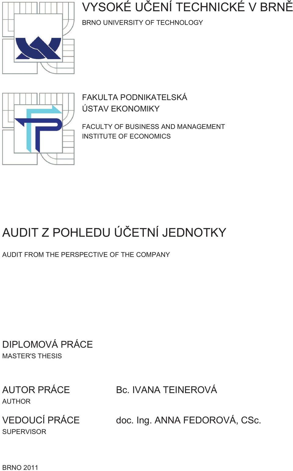 JEDNOTKY AUDIT FROM THE PERSPECTIVE OF THE COMPANY DIPLOMOVÁ PRÁCE MASTER'S THESIS AUTOR