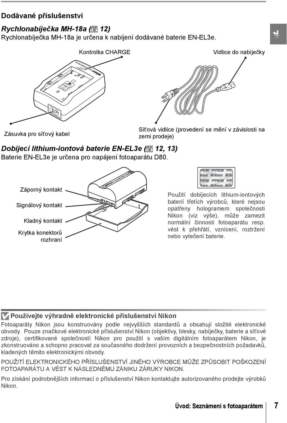 Síťová vidlice (provedení se mění v závislosti na zemi prodeje) Záporný kontakt Signálový kontakt Kladný kontakt Krytka konektorů rozhraní Použití dobíjecích lithium-iontových baterií třetích