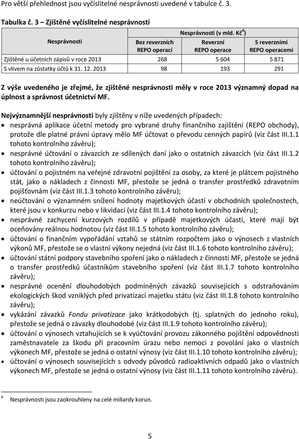 2013 98 193 291 Z výše uvedeného je zřejmé, že zjištěné nesprávnosti měly v roce 2013 významný dopad na úplnost a správnost účetnictví MF.