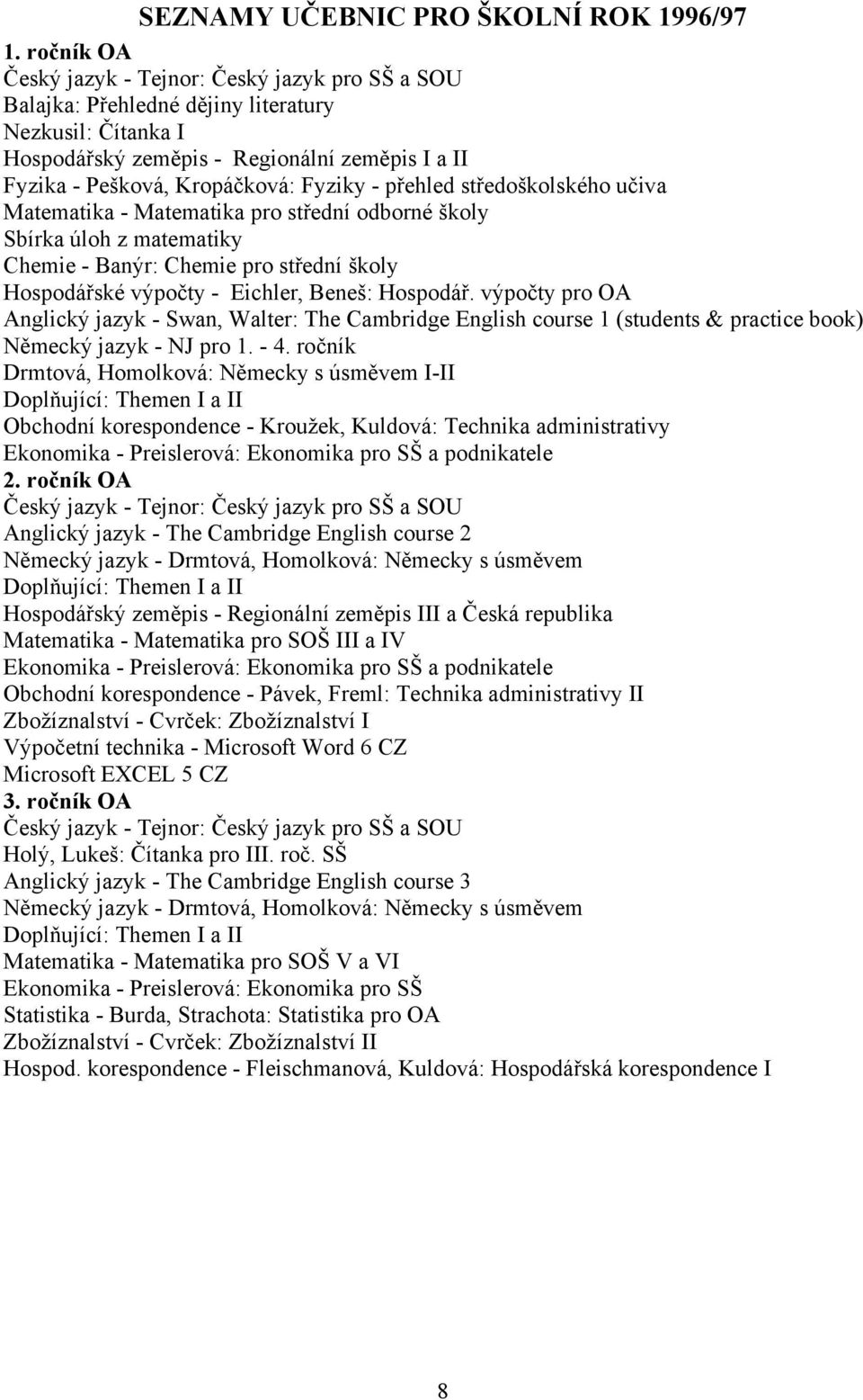- přehled středoškolského učiva Matematika - Matematika pro střední odborné školy Sbírka úloh z matematiky Chemie - Banýr: Chemie pro střední školy Hospodářské výpočty - Eichler, Beneš: Hospodář.