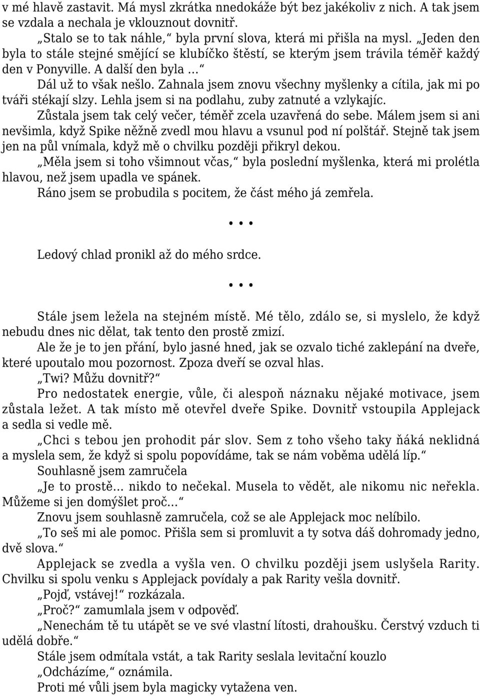 Zahnala jsem znovu všechny myšlenky a cítila, jak mi po tváři stékají slzy. Lehla jsem si na podlahu, zuby zatnuté a vzlykajíc. Zůstala jsem tak celý večer, téměř zcela uzavřená do sebe.