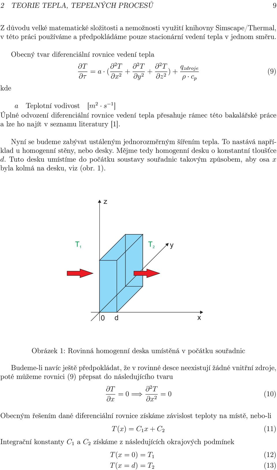 kde Obecný tvar diferenciální rovnice vedení tepla T τ = a T ( 2 x + 2 T 2 y + 2 T 2 z ) + q zdroje (9) 2 ρ c p a Teplotní vodivost [m 2 s ] Úplné odvození diferenciální rovnice vedení tepla