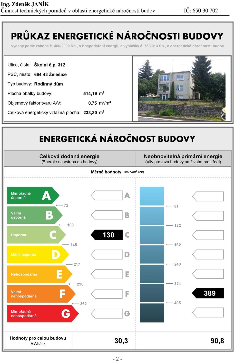 daření energií, a vyhlášky č. 78/2013 Sb., o energetické náročnosti budov Ulice, číslo: Školní č.p.