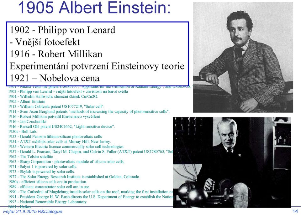 1894 - Melvin Severy patent US527377, "Solar cell", and US527379, "Solar cell". 1897 1921 - Harry Reagan Nobelova patent US588177, "Solar cena cell".