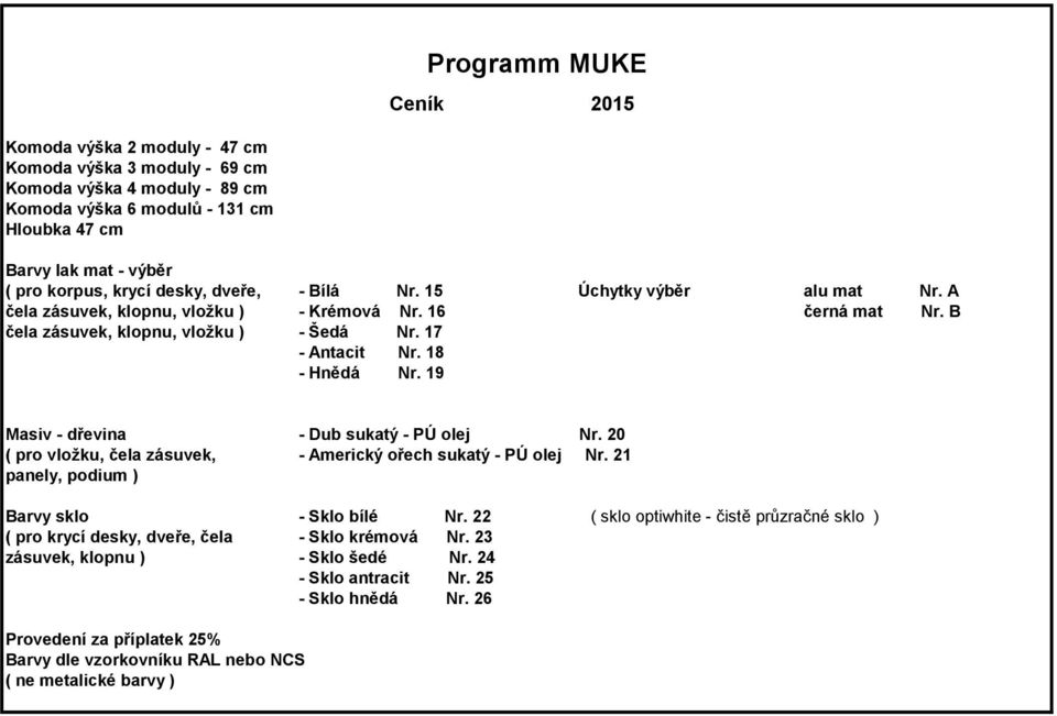 19 Masiv - dřevina - Dub sukatý - PÚ olej Nr. 20 ( pro vložku, čela zásuvek, - Americký ořech sukatý - PÚ olej Nr. 21 panely, podium ) Barvy sklo - Nr.