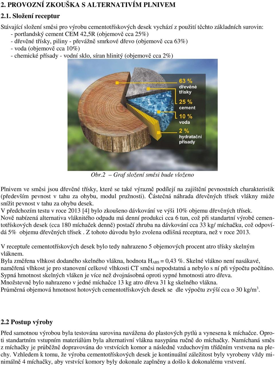 převážně smrkové dřevo (objemově cca 63%) - voda (objemově cca 10%) - chemické přísady - vodní sklo, síran hlinitý (objemově cca 2%) Obr.
