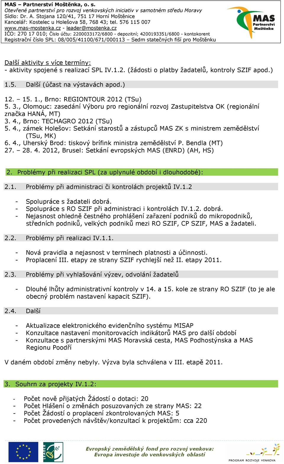 4., Uherský Brod: tiskový brífink ministra zemědělství P. Bendla (MT) 27. 28. 4. 2012, Brusel: Setkání evropských MAS (ENRD) (AH, HS) 2.