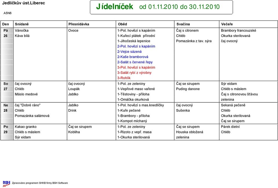 ze zeleniny Sýr eidam 27 Chléb Loupák 1-Vepřové maso vařené Puding danone Chléb s máslem Máslo medové Jablko 1-Těstoviny - příloha Čaj s citronovou šťávou 1-Omáčka okurková zelenina Ne čaj "Dobré