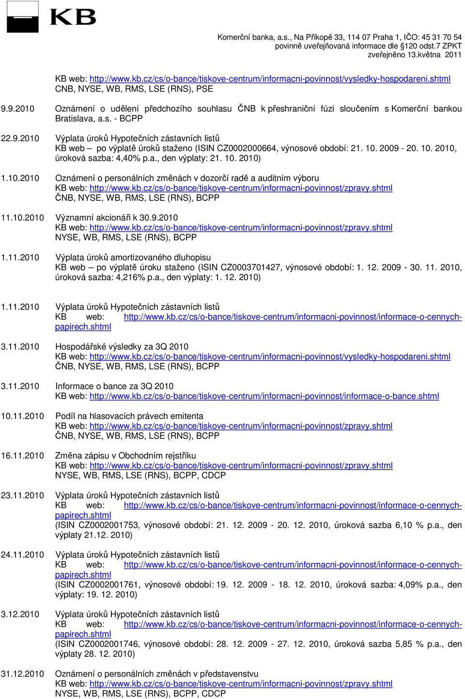 10.2010 Významní akcionáři k 30.9.2010 1.11.2010 Výplata úroků amortizovaného dluhopisu KB web po výplatě úroku staženo (ISIN CZ0003701427, výnosové období: 1. 12. 2009-30. 11.