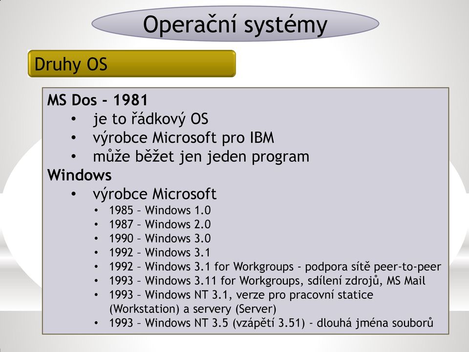 1 for Workgroups - podpora sítě peer-to-peer 1993 Windows 3.