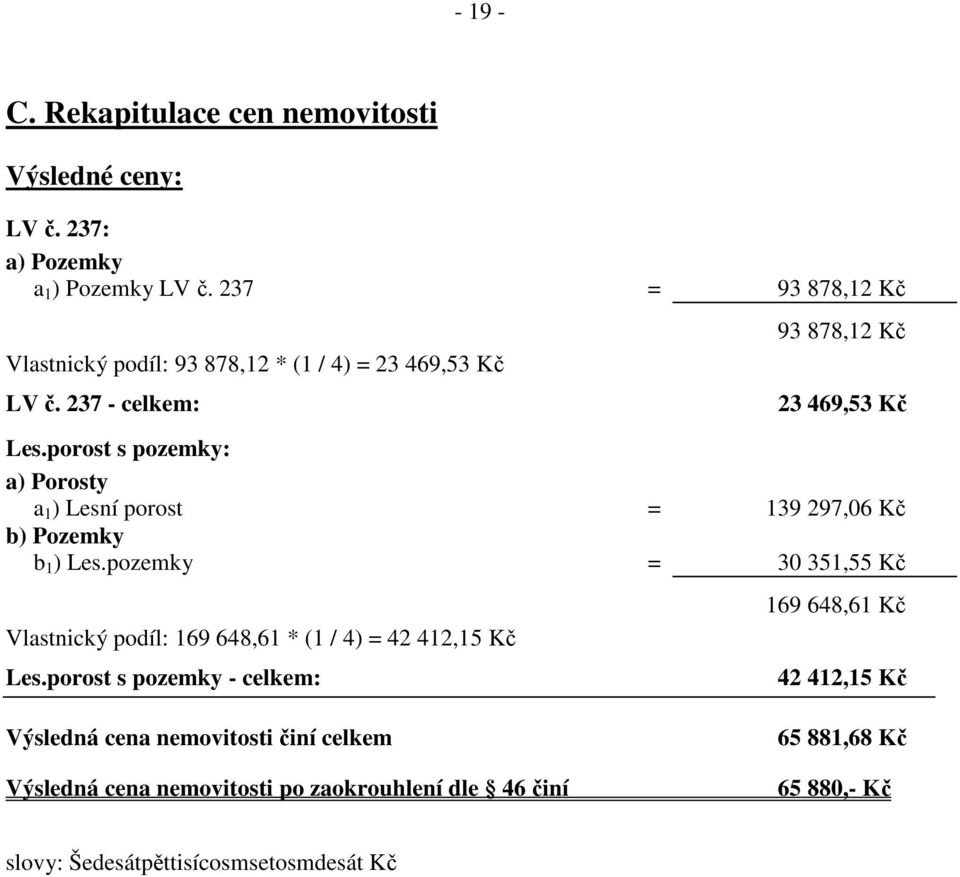 porost s pozemky: a) Porosty a 1 ) Lesní porost = 139 297,06 Kč b) Pozemky b 1 ) Les.