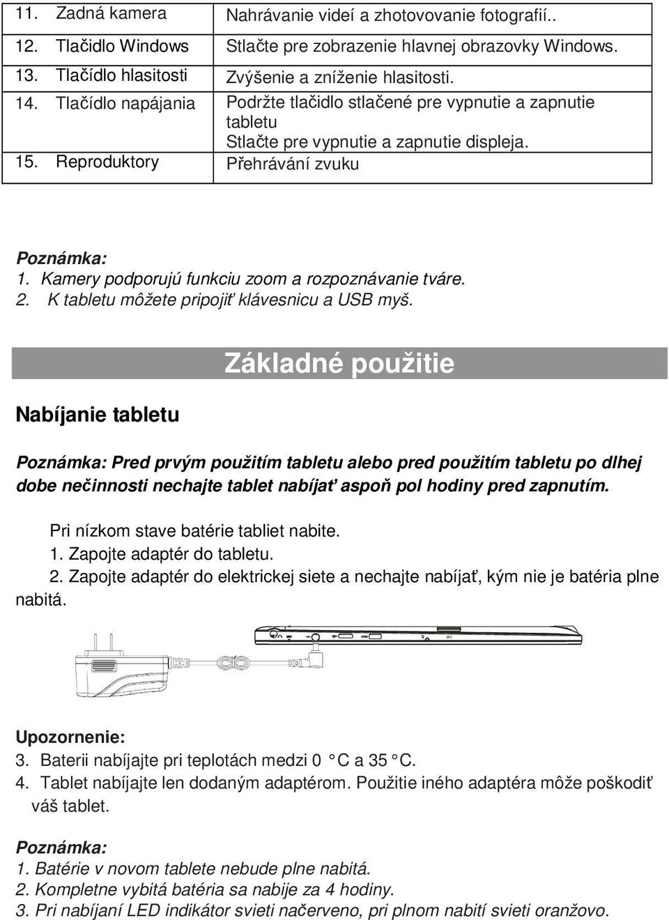 Kamery podporujú funkciu zoom a rozpoznávanie tváre. 2. K tabletu môžete pripojiť klávesnicu a USB myš.