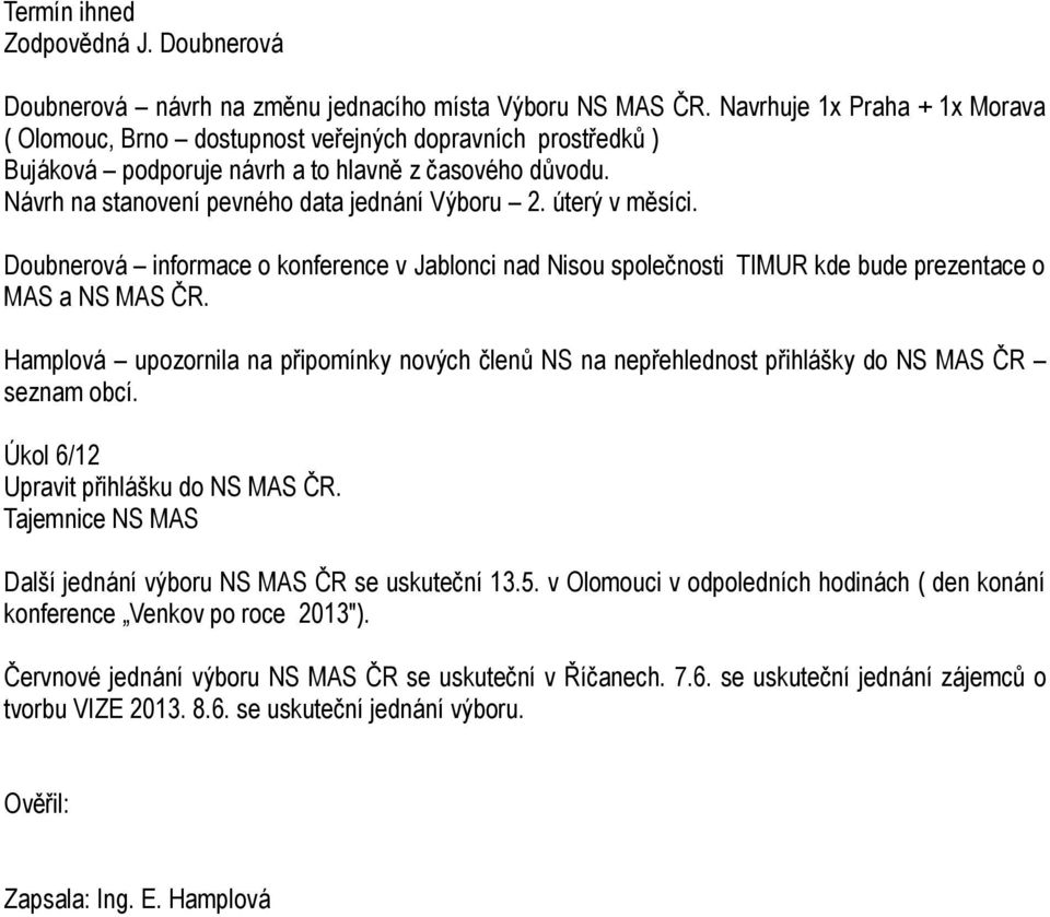 úterý v měsíci. Doubnerová informace o konference v Jablonci nad Nisou společnosti TIMUR kde bude prezentace o MAS a NS MAS ČR.