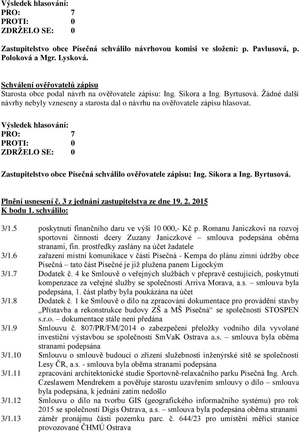 Byrtusová. Plnění usnesení č. 3 z jednání zastupitelstva ze dne 19. 2. 2015 K bodu 1. schválilo: 3/1.5 poskytnutí finančního daru ve výši 10 000,- Kč p.