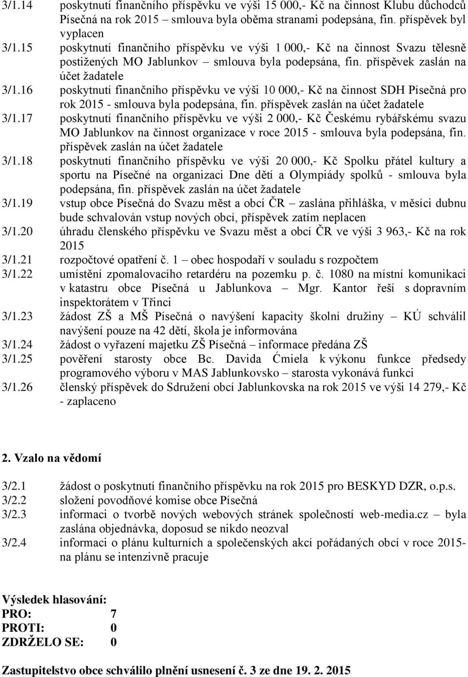 16 poskytnutí finančního příspěvku ve výši 10 000,- Kč na činnost SDH Písečná pro rok 2015 - smlouva byla podepsána, fin. příspěvek zaslán na účet žadatele 3/1.