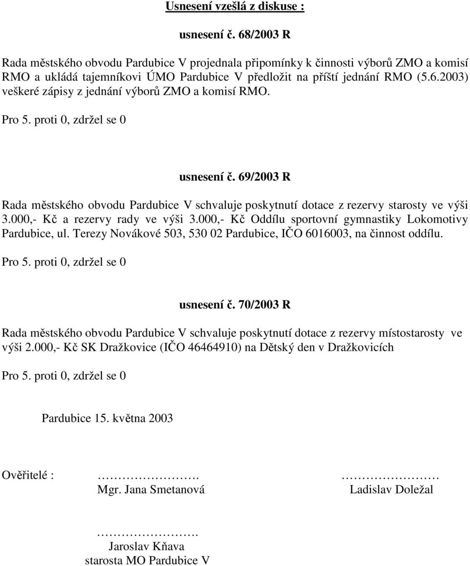 usnesení č. 69/2003 R Rada městského obvodu Pardubice V schvaluje poskytnutí dotace z rezervy starosty ve výši 3.000,- Kč a rezervy rady ve výši 3.