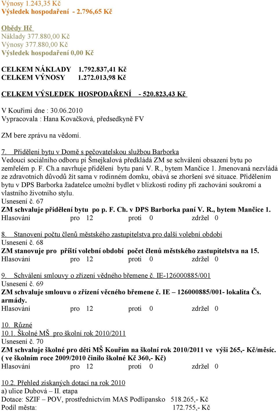 Přidělení bytu v Domě s pečovatelskou službou Barborka Vedoucí sociálního odboru pí Šmejkalová předkládá ZM se schválení obsazení bytu po zemřelém p. F. Ch.a navrhuje přidělení bytu paní V. R.