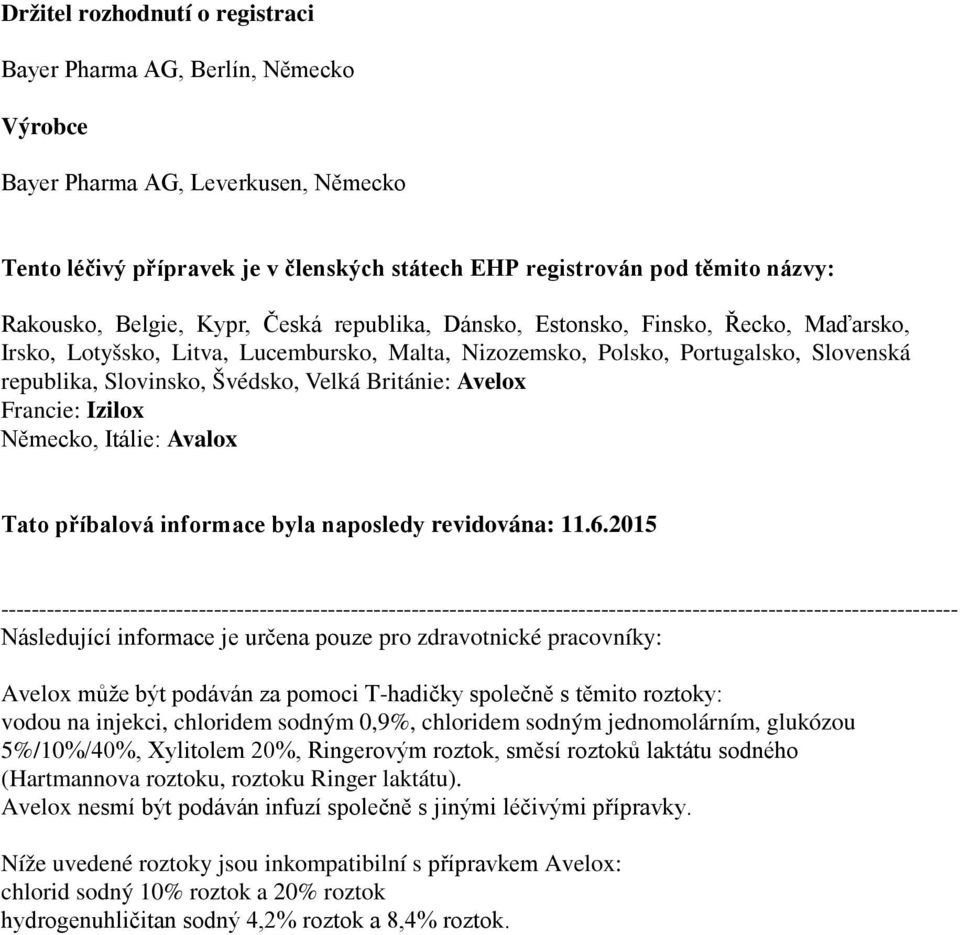 Británie: Avelox Francie: Izilox Německo, Itálie: Avalox Tato příbalová informace byla naposledy revidována: 11.6.