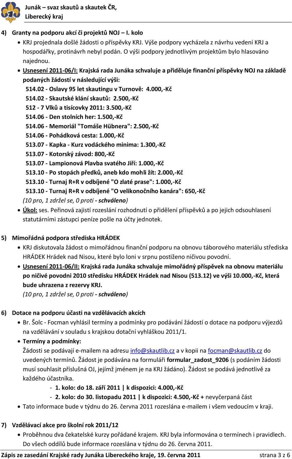 02 - Oslavy 95 let skautingu v Turnově: 4.000,-Kč 514.02 - Skautské klání skautů: 2.500,-Kč 512-7 Vlků a tisícovky 2011: 3.500,-Kč 514.06 - Den stolních her: 1.500,-Kč 514.06 - Memoriál "Tomáše Hübnera": 2.