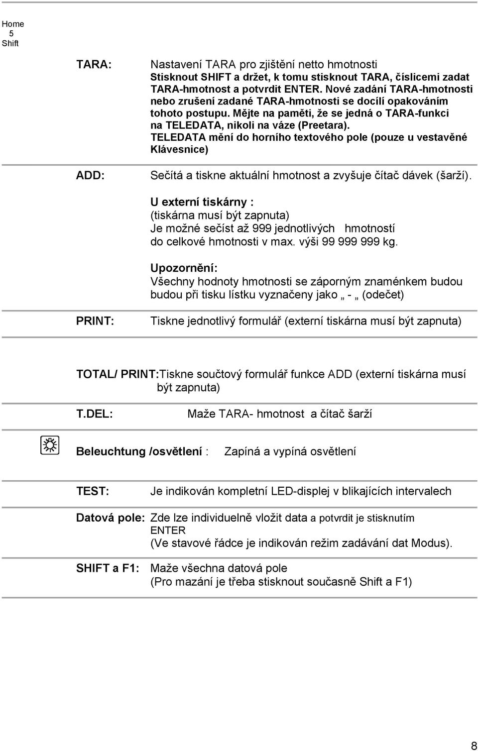 TELEDATA mění do horního textového pole (pouze u vestavěné Klávesnice) ADD: Sečítá a tiskne aktuální hmotnost a zvyšuje čítač dávek (šarží).