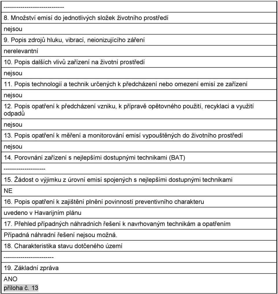 Popis opatření k předcházení vzniku, k přípravě opětovného pouţití, recyklaci a vyuţití odpadů 13. Popis opatření k měření a monitorování emisí vypouštěných do ţivotního prostředí 14.
