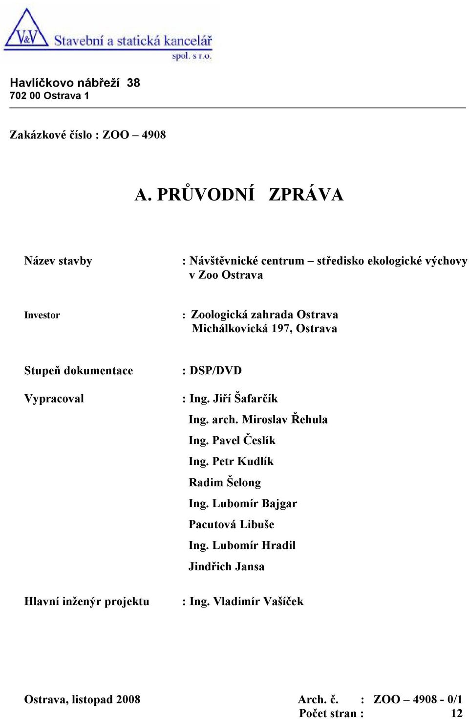 Michálkovická 197, Ostrava Stupeň dokumentace Vypracoval Hlavní inženýr projektu : DSP/DVD : Ing. Jiří Šafarčík Ing. arch.