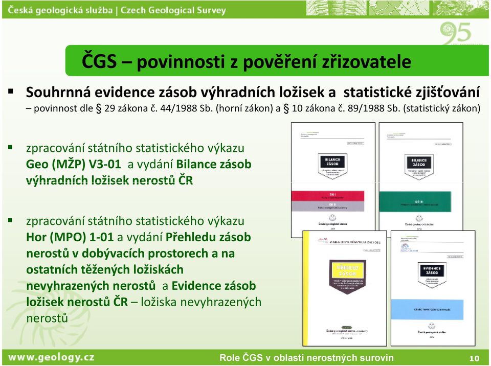 (statistický zákon) zpracování státního statistického výkazu Geo (MŽP) V3-01 a vydání Bilance zásob výhradních ložisek nerostů ČR