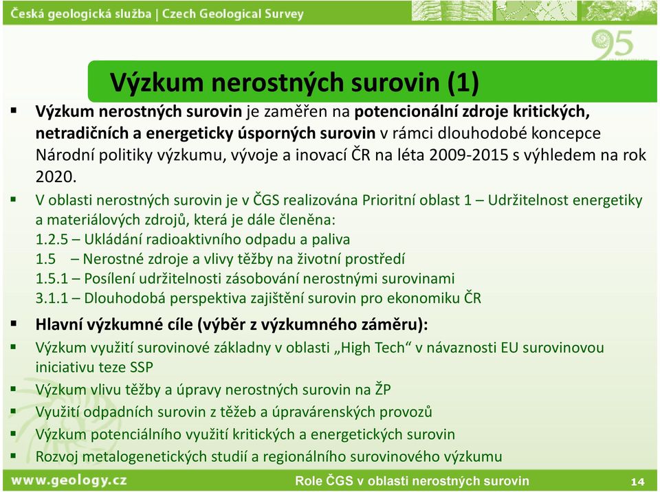 V oblasti nerostných surovin je v ČGS realizována Prioritní oblast 1 Udržitelnost energetiky a materiálových zdrojů, která je dále členěna: 1.2.5 Ukládání radioaktivního odpadu a paliva 1.