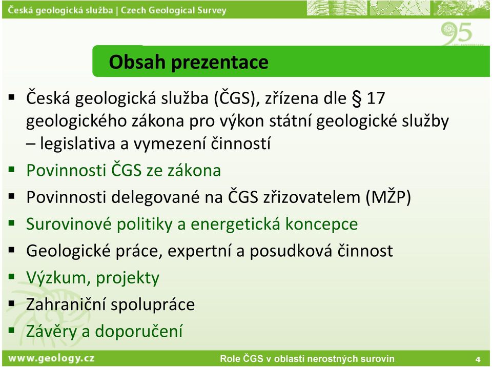 delegované na ČGS zřizovatelem (MŽP) Surovinové politiky a energetická koncepce Geologické