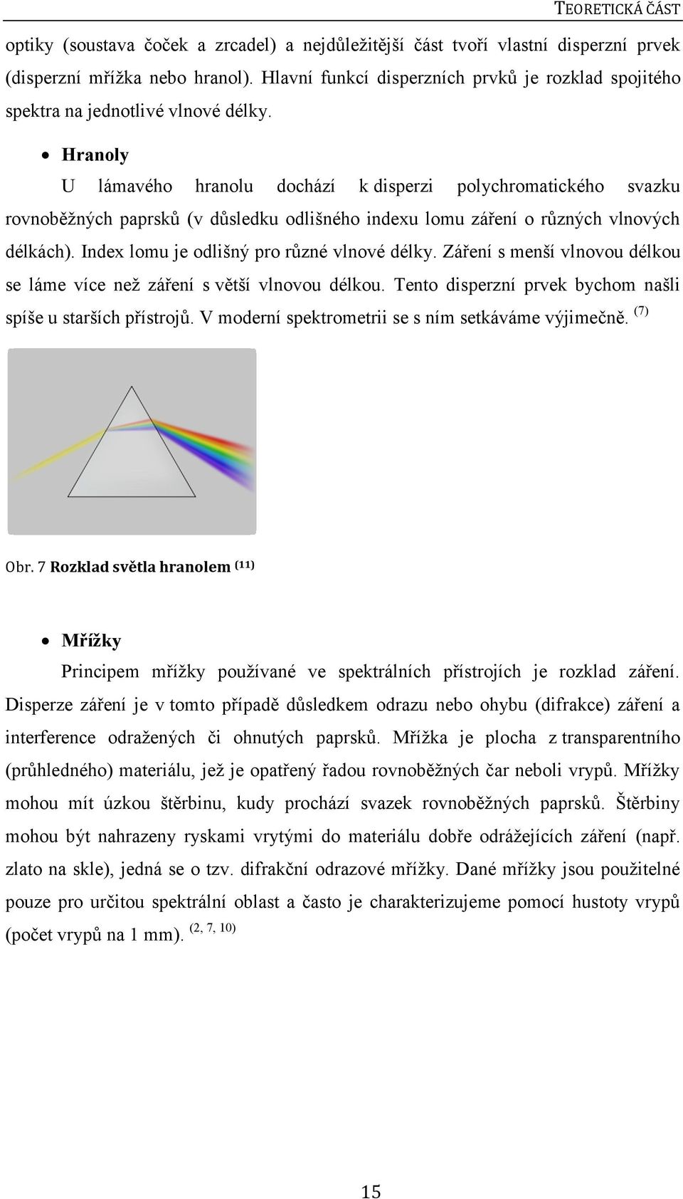 Hranoly U lámavého hranolu dochází k disperzi polychromatického svazku rovnoběţných paprsků (v důsledku odlišného indexu lomu záření o různých vlnových délkách).