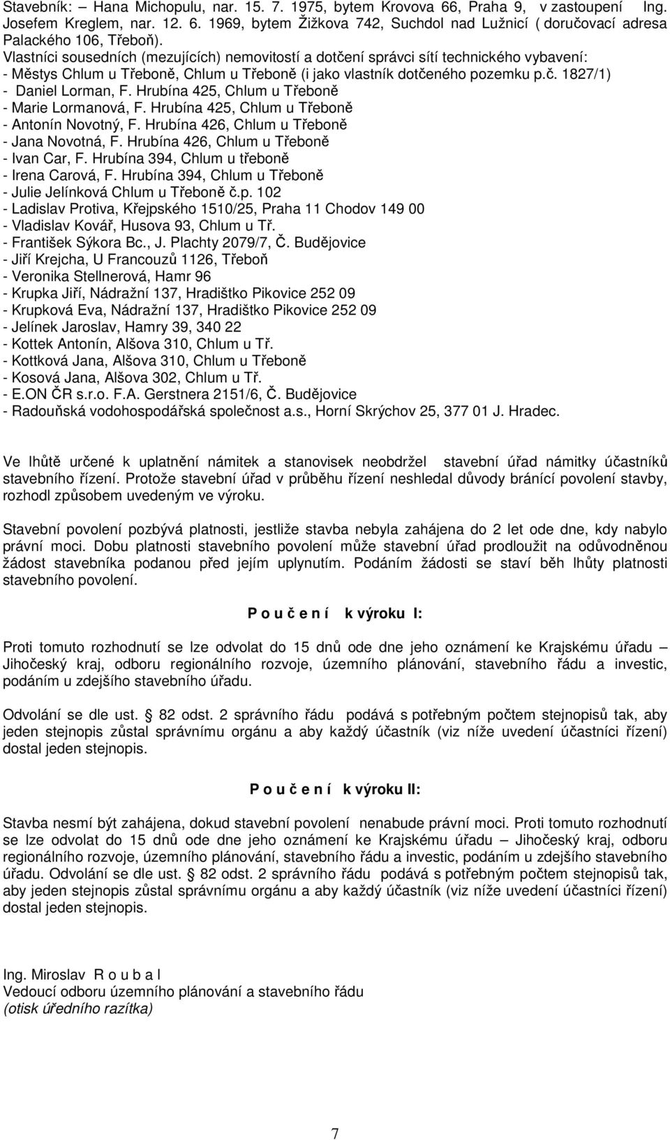 Hrubína 425, Chlum u Třeboně - Marie Lormanová, F. Hrubína 425, Chlum u Třeboně - Antonín Novotný, F. Hrubína 426, Chlum u Třeboně - Jana Novotná, F. Hrubína 426, Chlum u Třeboně - Ivan Car, F.