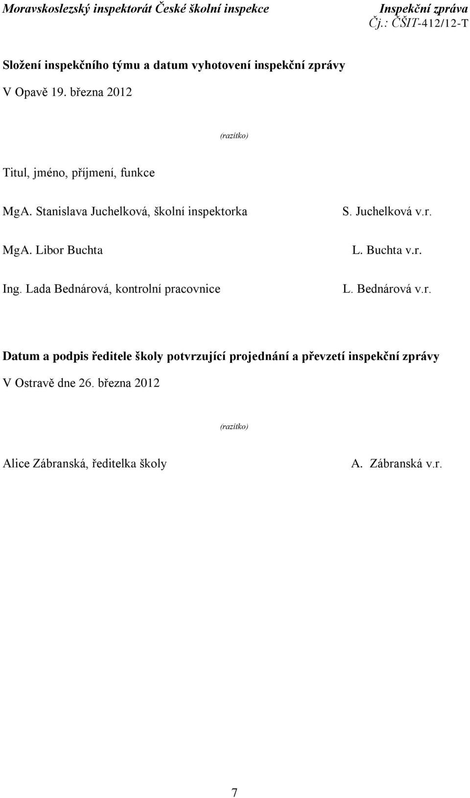 Juchelková v.r. MgA. Libor Buchta L. Buchta v.r. Ing. Lada Bednárová, kontrolní pracovnice L. Bednárová v.r. Datum a podpis ředitele školy potvrzující projednání a převzetí inspekční zprávy V Ostravě dne 26.