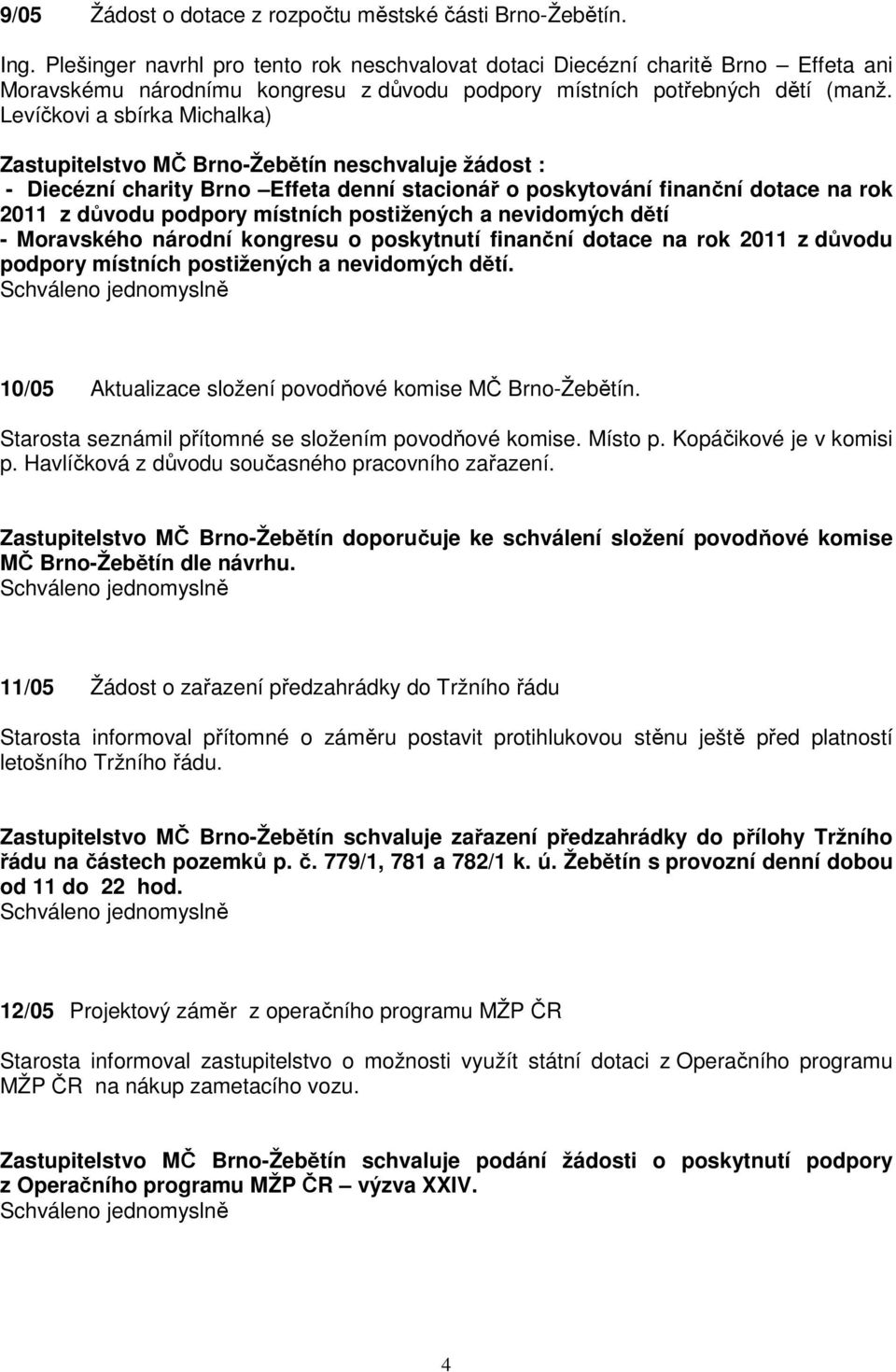 Levíčkovi a sbírka Michalka) Zastupitelstvo MČ Brno-Žebětín neschvaluje žádost : - Diecézní charity Brno Effeta denní stacionář o poskytování finanční dotace na rok 2011 z důvodu podpory místních