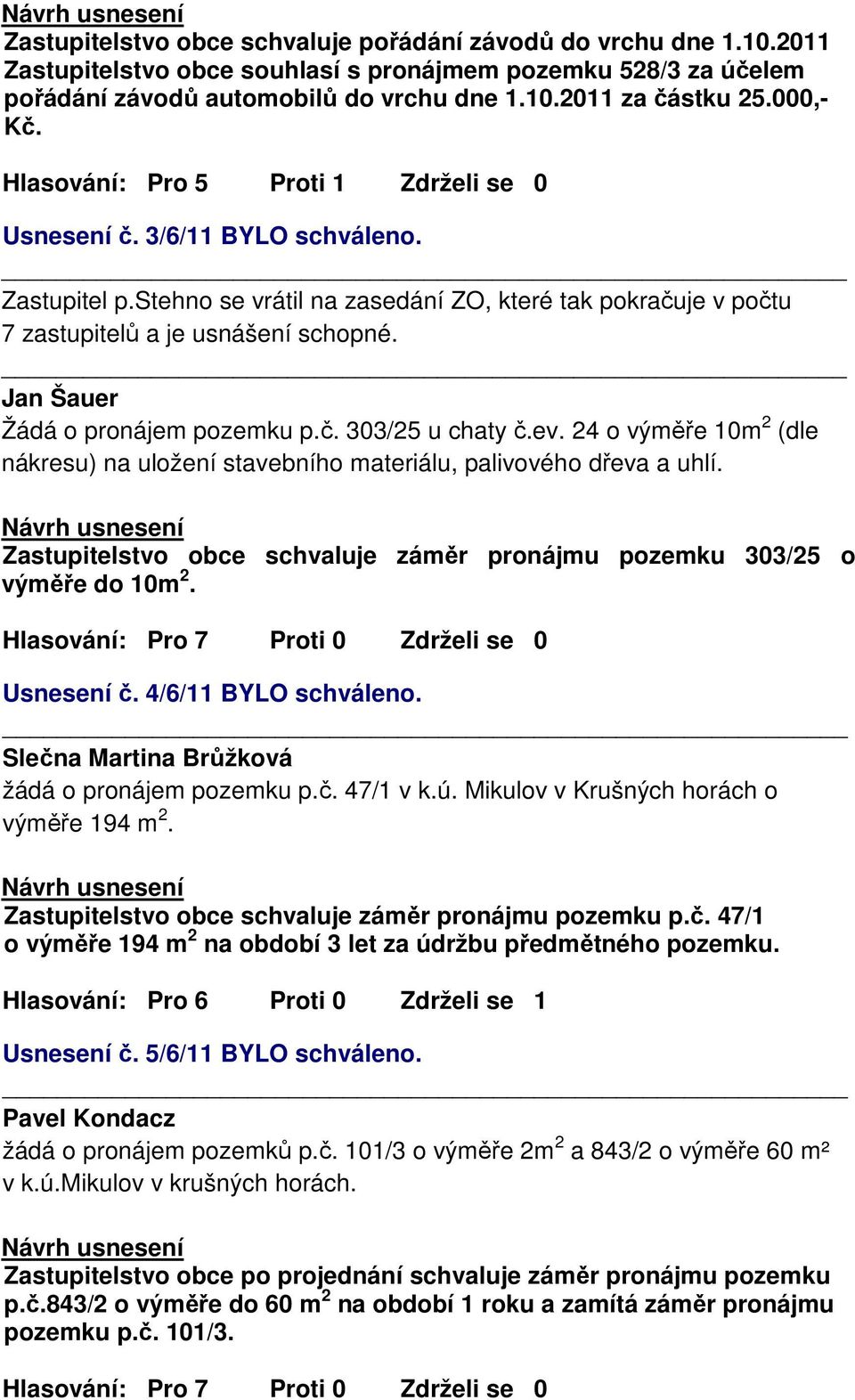 Jan Šauer Žádá o pronájem pozemku p.č. 303/25 u chaty č.ev. 24 o výměře 10m 2 (dle nákresu) na uložení stavebního materiálu, palivového dřeva a uhlí.