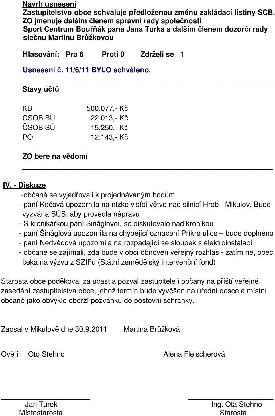 11/6/11 BYLO schváleno. Stavy účtů KB ČSOB BÚ ČSOB SÚ PO 500.077,- Kč 22.013,- Kč 15.250,- Kč 12.143,- Kč ZO bere na vědomí IV.