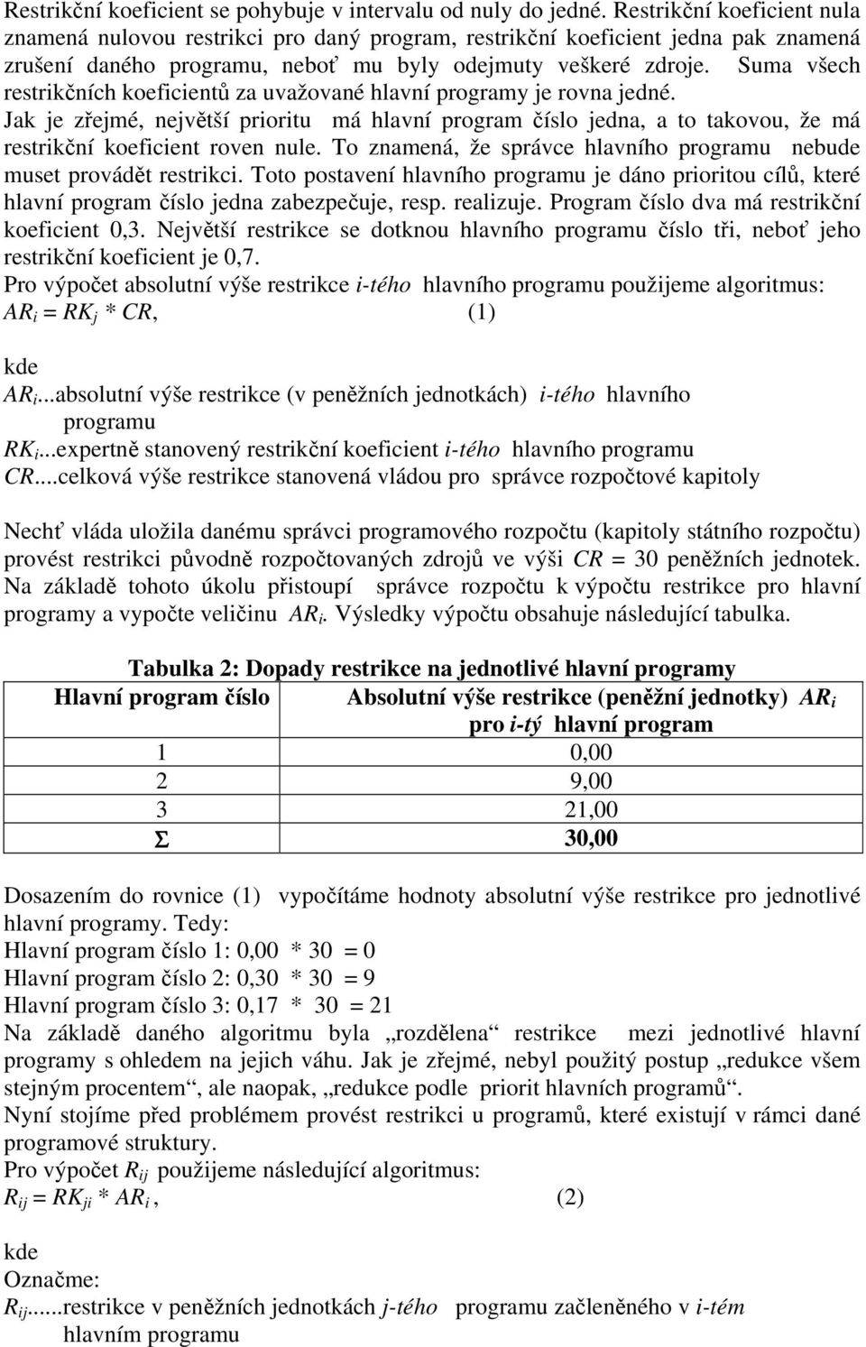 Suma všech restrikčních koeficientů za uvažované hlavní programy je rovna jedné. Jak je zřejmé, největší prioritu má hlavní program číslo jedna, a to takovou, že má restrikční koeficient roven nule.