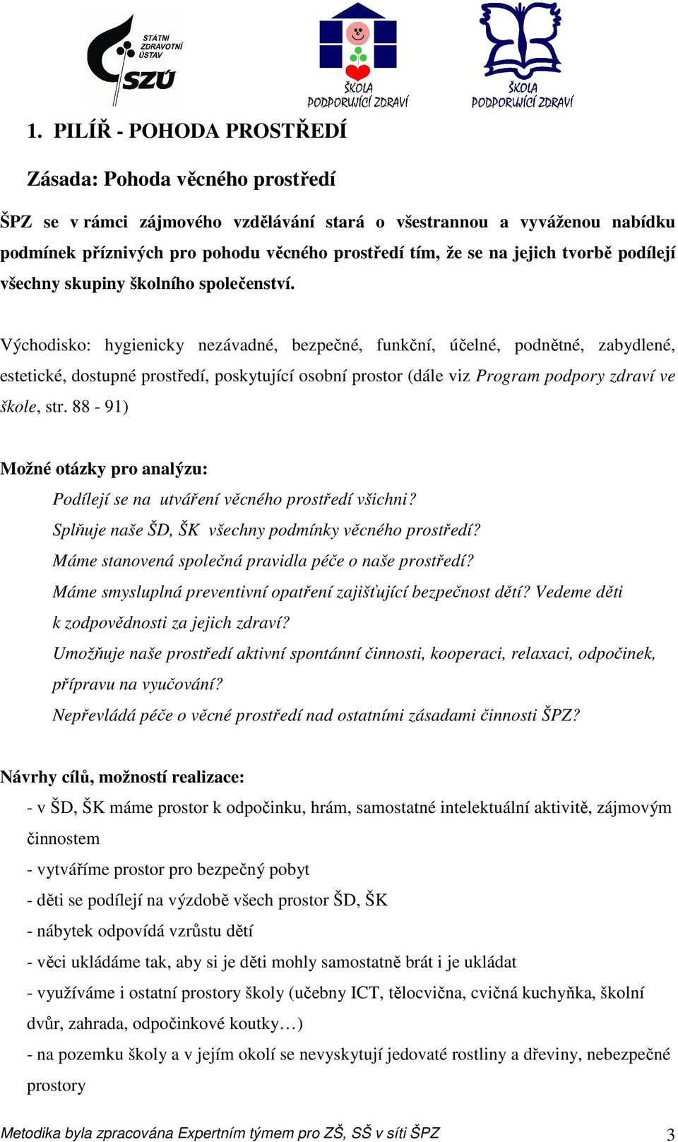 Východisko: hygienicky nezávadné, bezpečné, funkční, účelné, podnětné, zabydlené, estetické, dostupné prostředí, poskytující osobní prostor (dále viz Program podpory zdraví ve škole, str.