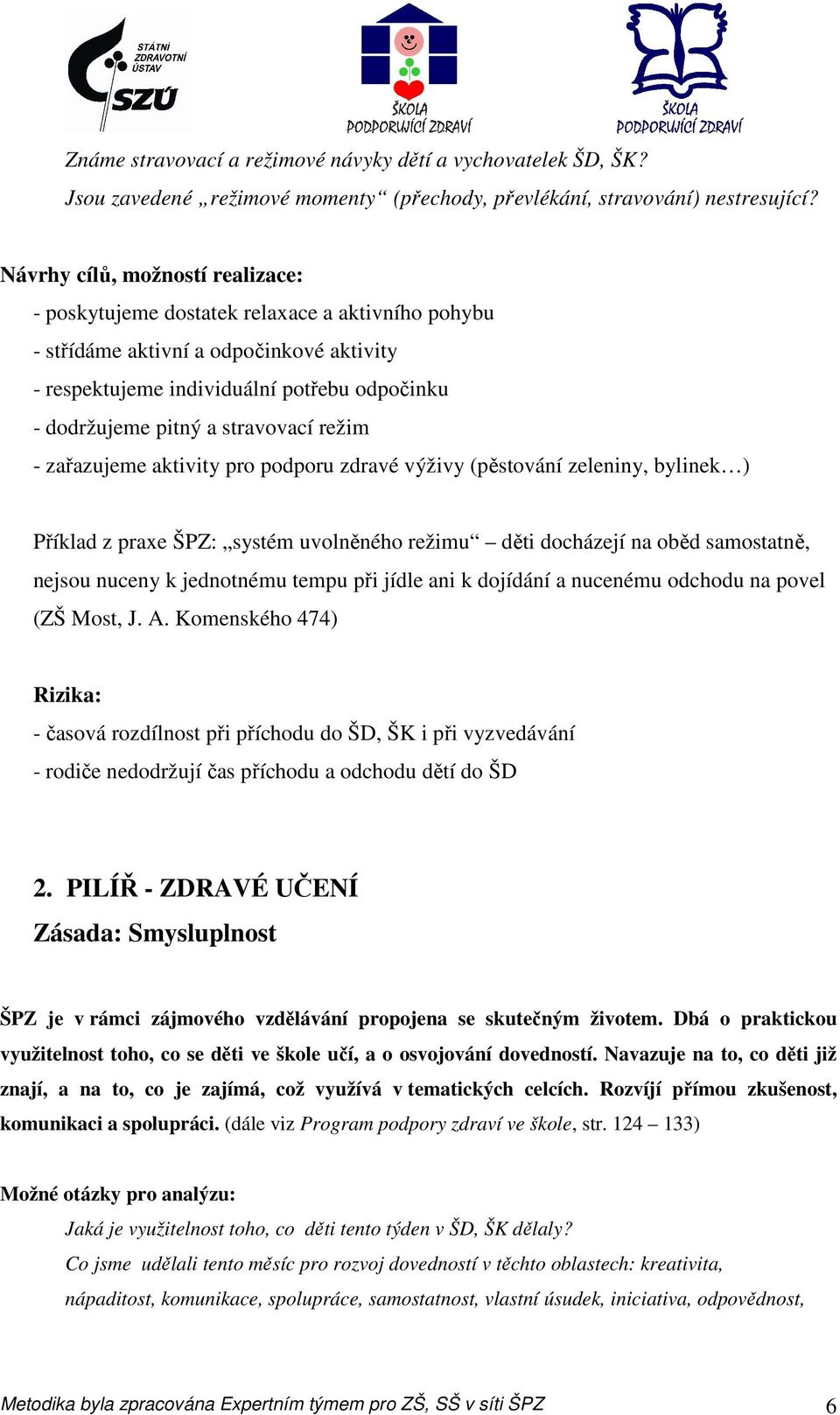 stravovací režim - zařazujeme aktivity pro podporu zdravé výživy (pěstování zeleniny, bylinek ) Příklad z praxe ŠPZ: systém uvolněného režimu děti docházejí na oběd samostatně, nejsou nuceny k