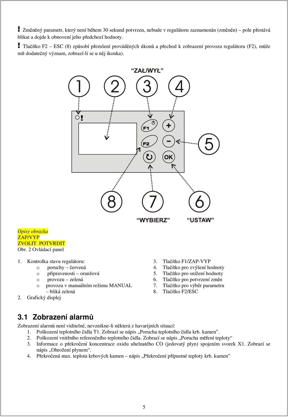 Opisy obrazka ZAP/VYP ZVOLIT POTVRDIT Obr. 2 Ovládací panel 1.