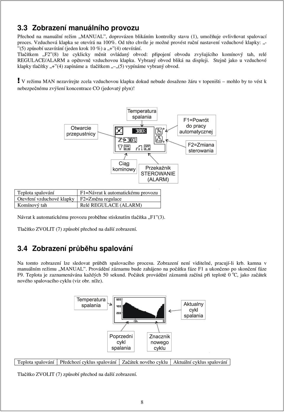 Tlačítkem F2 (8) lze cyklicky měnit ovládaný obvod: připojení obvodu zvyšujícího komínový tah, relé REGULACE/ALARM a opětovně vzduchovou klapku. Vybraný obvod bliká na displeji.