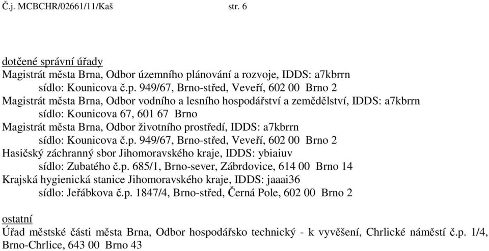 ánování a rozvoje, IDDS: a7kbrrn sídlo: Kounicova č.p.