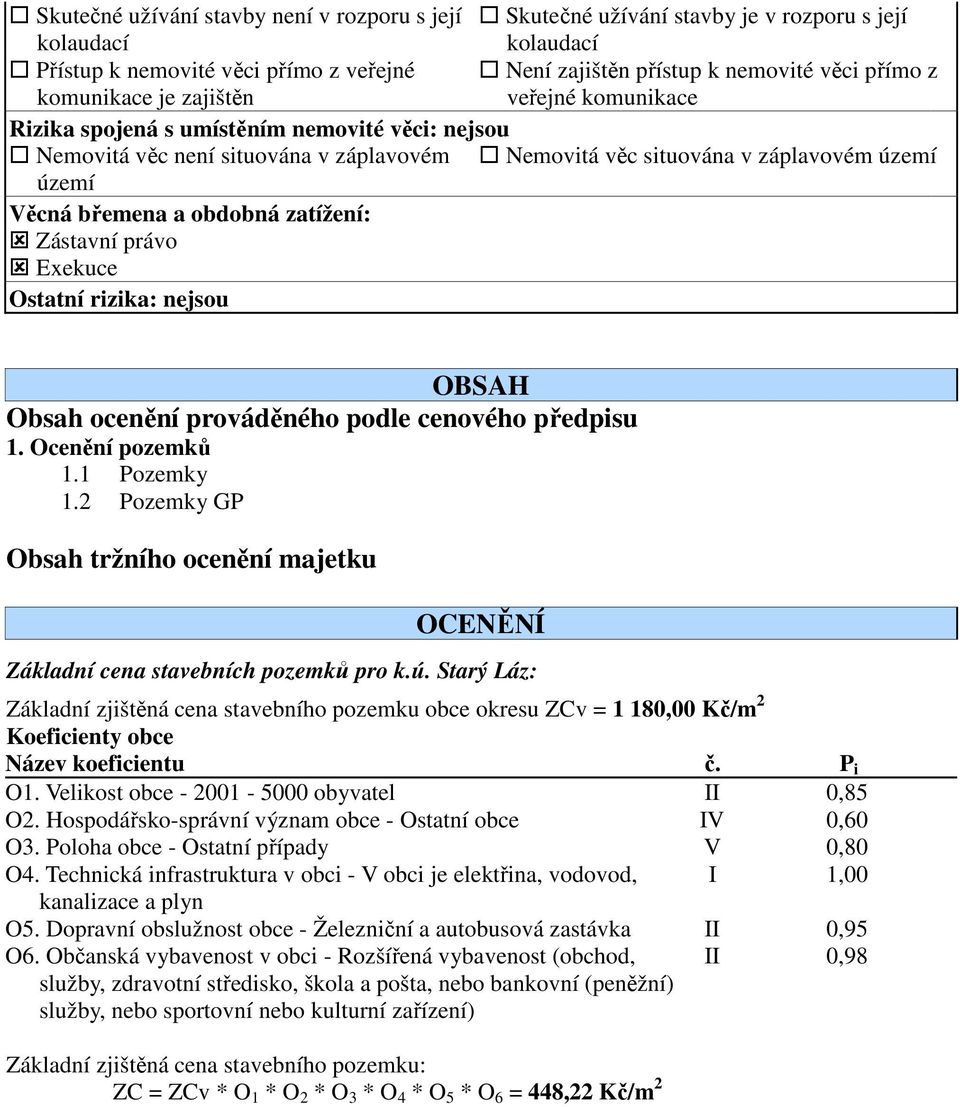 obdobná zatížení: Zástavní právo Exekuce Ostatní rizika: nejsou OBSAH Obsah ocenění prováděného podle cenového předpisu 1. Ocenění pozemků 1.1 Pozemky 1.