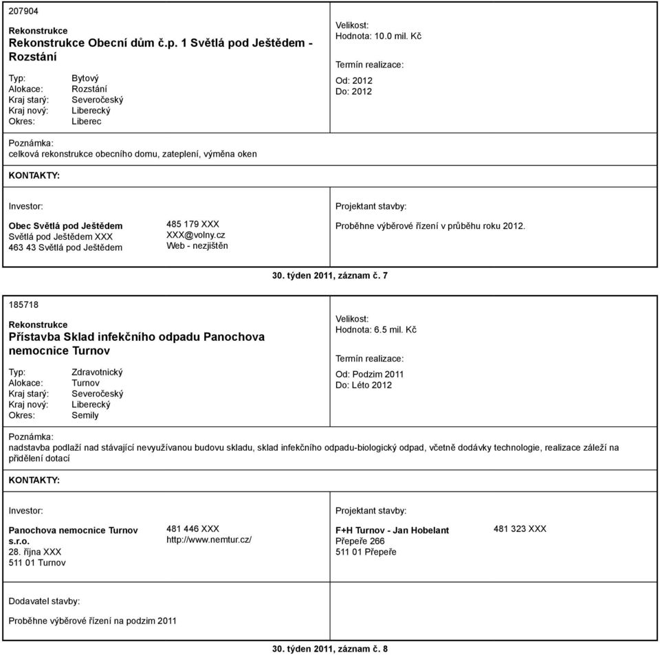 cz Web - nezjištěn Proběhne výběrové řízení v průběhu roku 2012. 30. týden 2011, záznam č. 7 185718 Přístavba Sklad infekčního odpadu Panochova nemocnice Turnov Zdravotnický Turnov Hodnota: 6.5 mil.